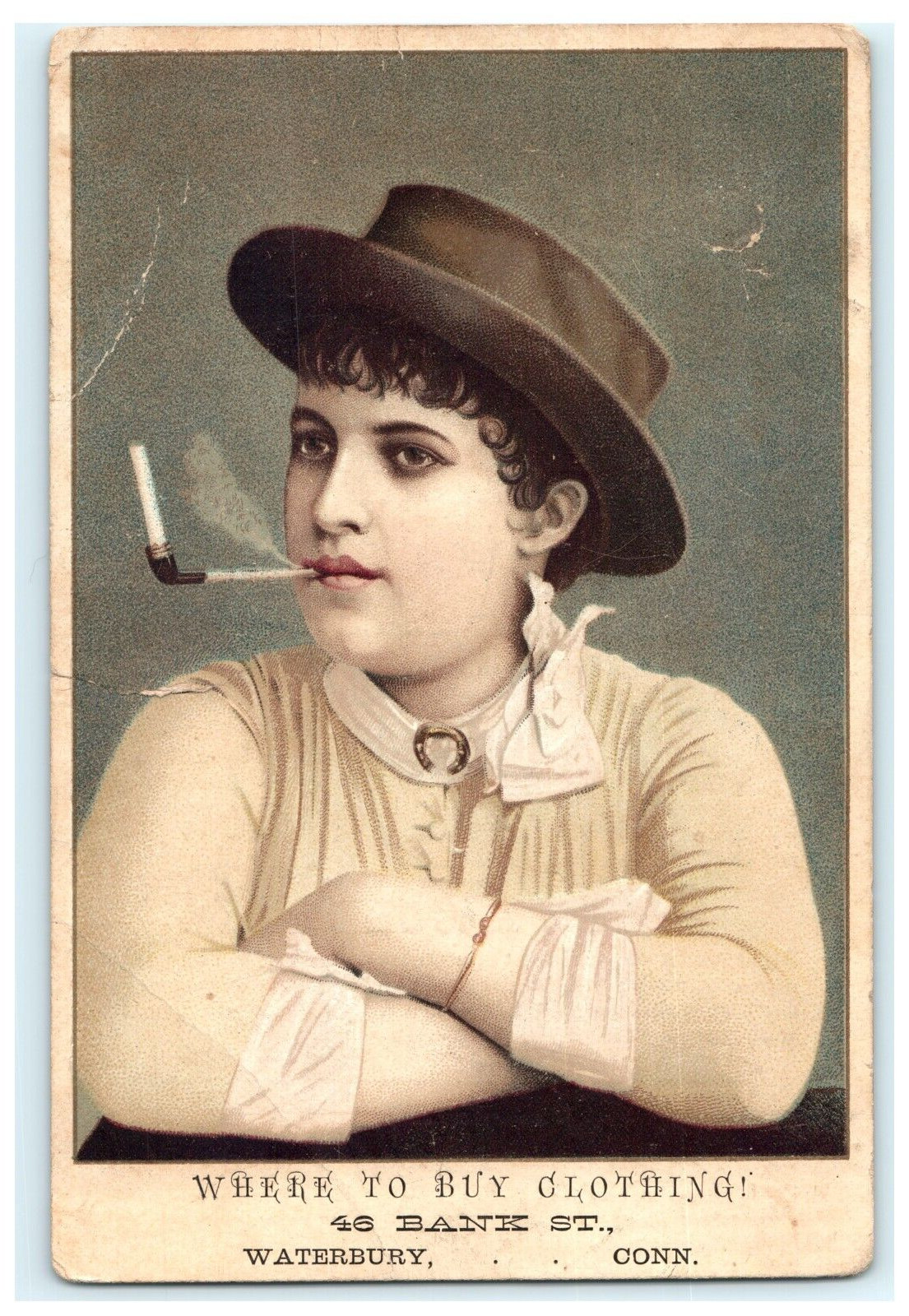 J.A. Godfrey & Co. Clothing Waterbury CT Woman Smoking Pipe Tobacco Large