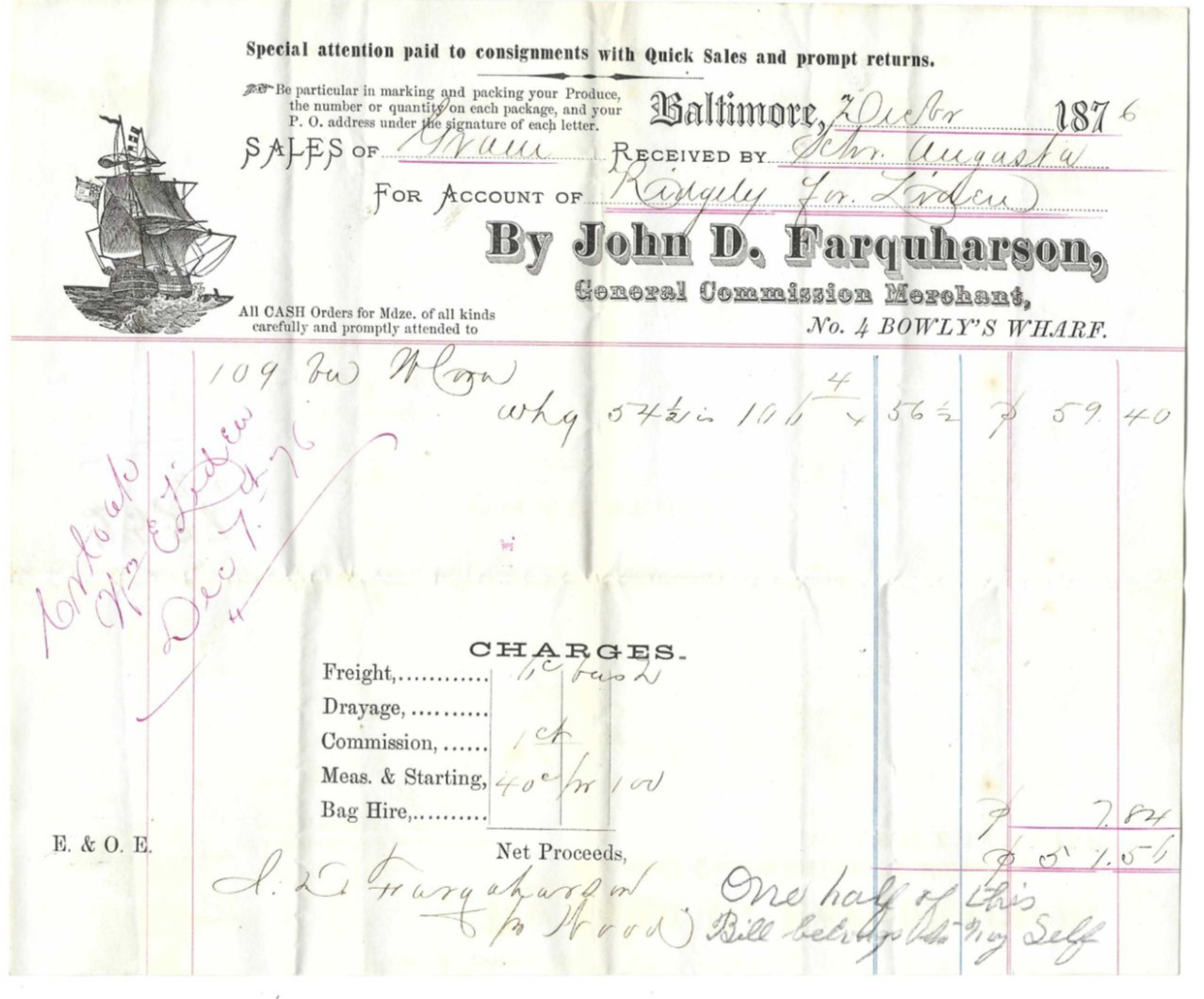 1876 Advertising Invoice John Farquharson Baltimore MD Commission Merchant