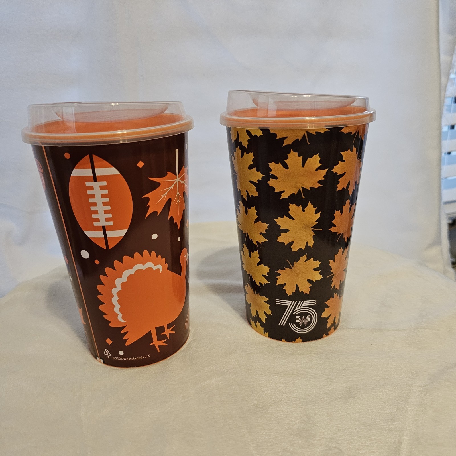 2 Whataburger 75th Anniv. Collectible Cups. Fall Leaves. Turkey Football NEW