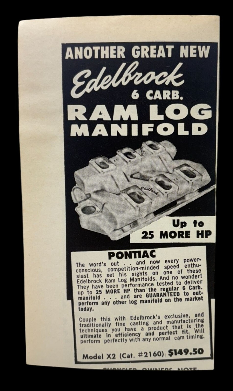 Edelbrock Pontiac Vintage Mini Print Ad 1960s 6 Carb Ram Log Manifold
