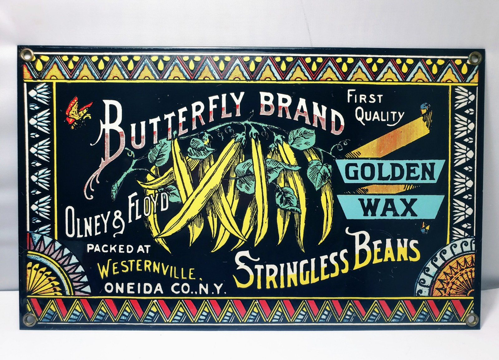 Butterfly Brand Beans Porcelain Enameled Advertising Sign Ande Rooney 11½” x 7″