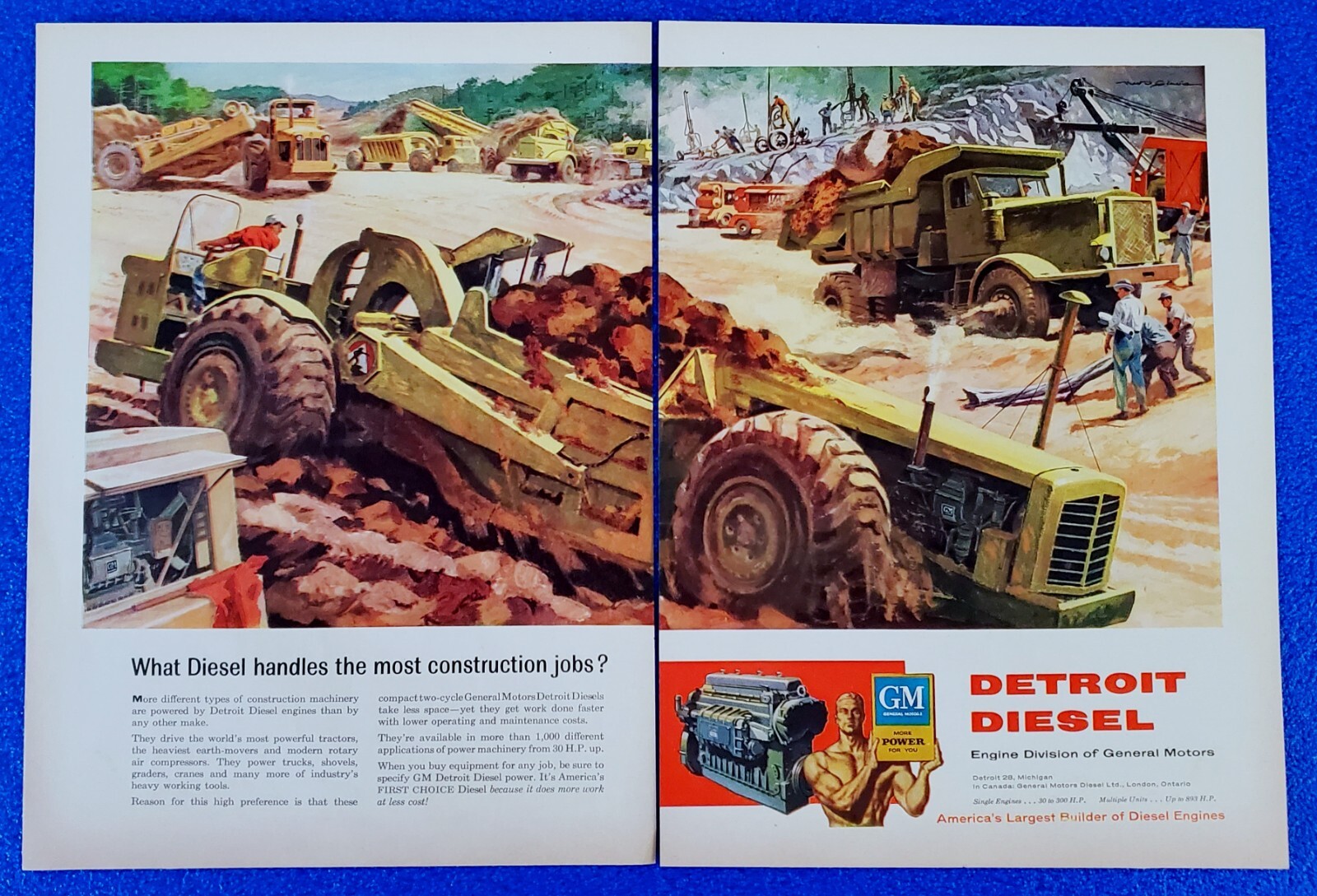 1956 DETROIT DIESEL ENGINE DIVISION GENERAL MOTORS (GM) ORIGINAL 2 PG PRINT AD