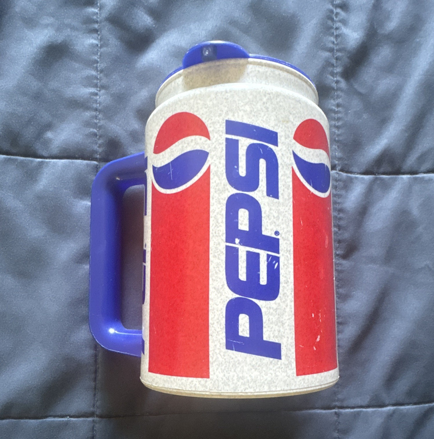 Vintage Pepsi Cup Travel Mug w/ Handle & Lid White Blue Red