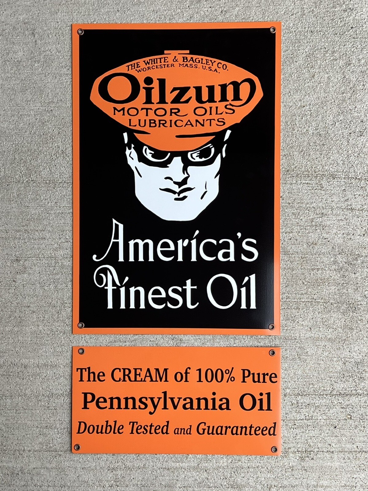 Oilzum Oil 2 Piece vintage style gasoline auto Supplies Gas Metal sign