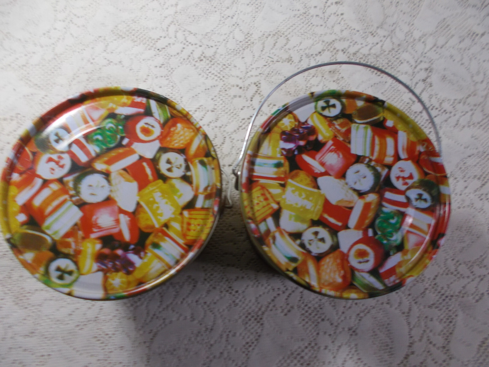 2 Vintage Bunte Candies Old Tyme Mix Tin Pails/Buckets 40 Oz. 6×6