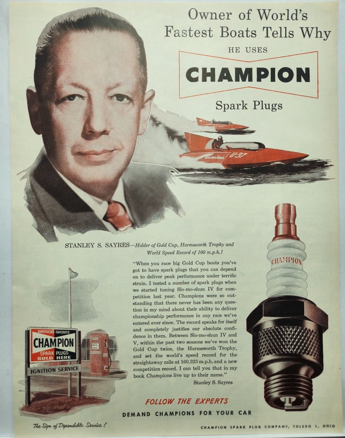 1951 Champion Spark Plugs Boat Speedboat Sayres MCM Original Print Ad Life Mag