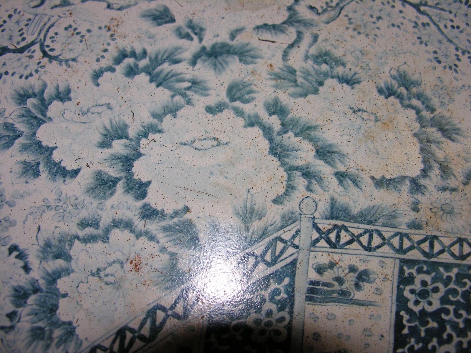 Vintage Large 13″ BLUE WHITE Serving Tray Tin MING Chrysanthemum Floral Design