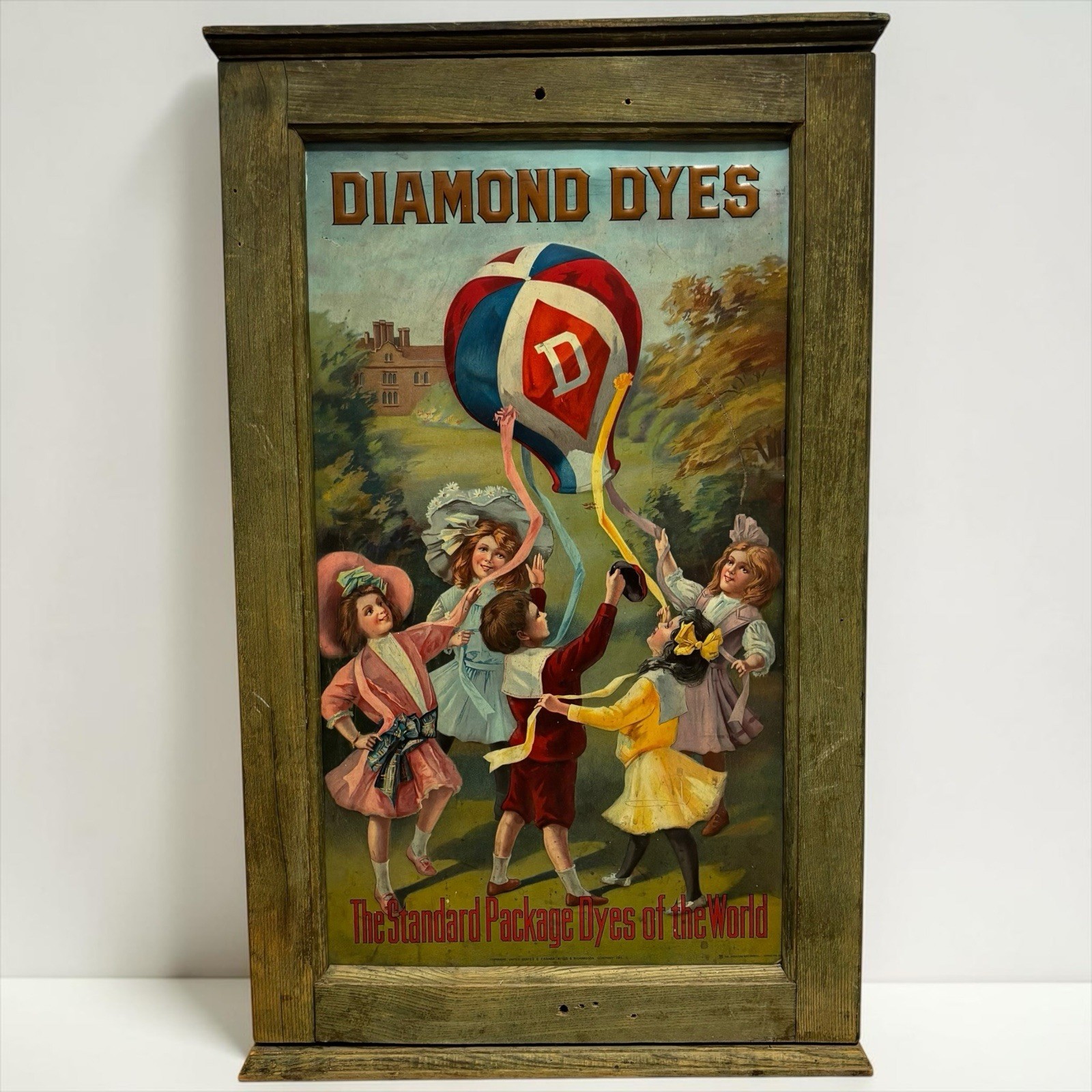 Antique 1911 Diamond Dyes General Store Display Cabinet Advertising Tin Sign