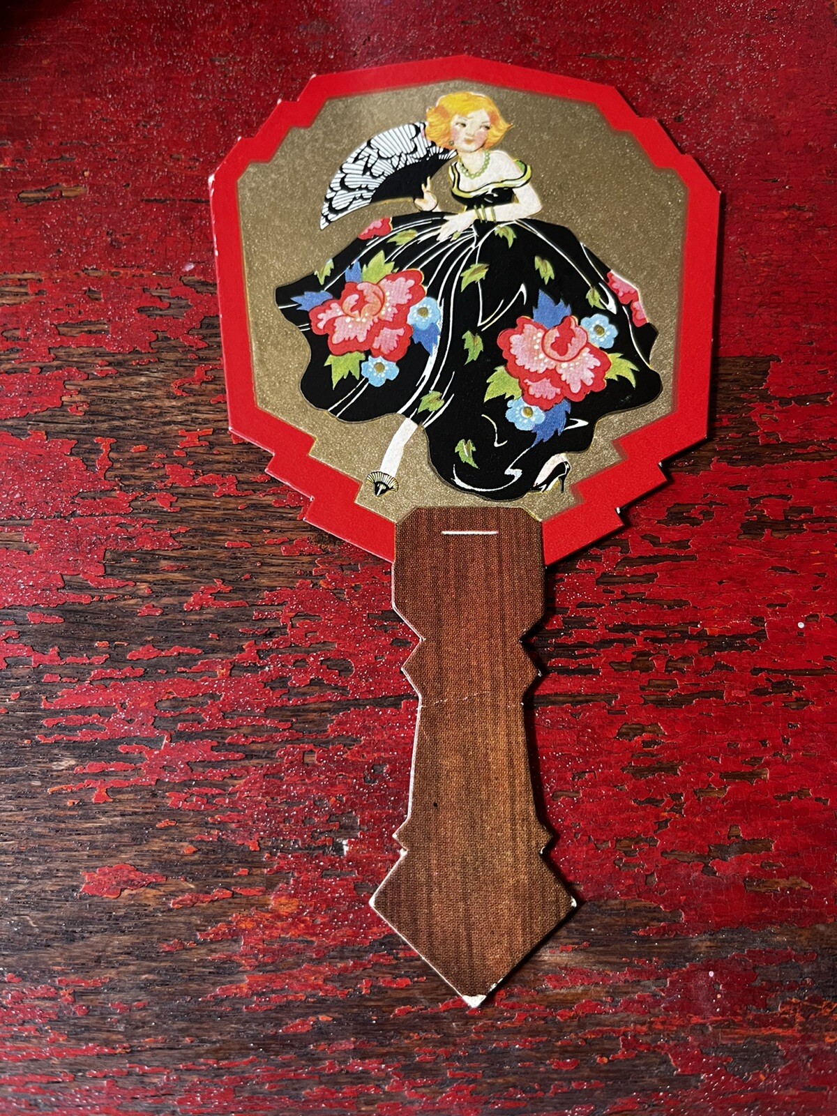 Vintage Art Deco Bridge Tally Card Place Holder Fan Woman Gorgeous Dress Unused