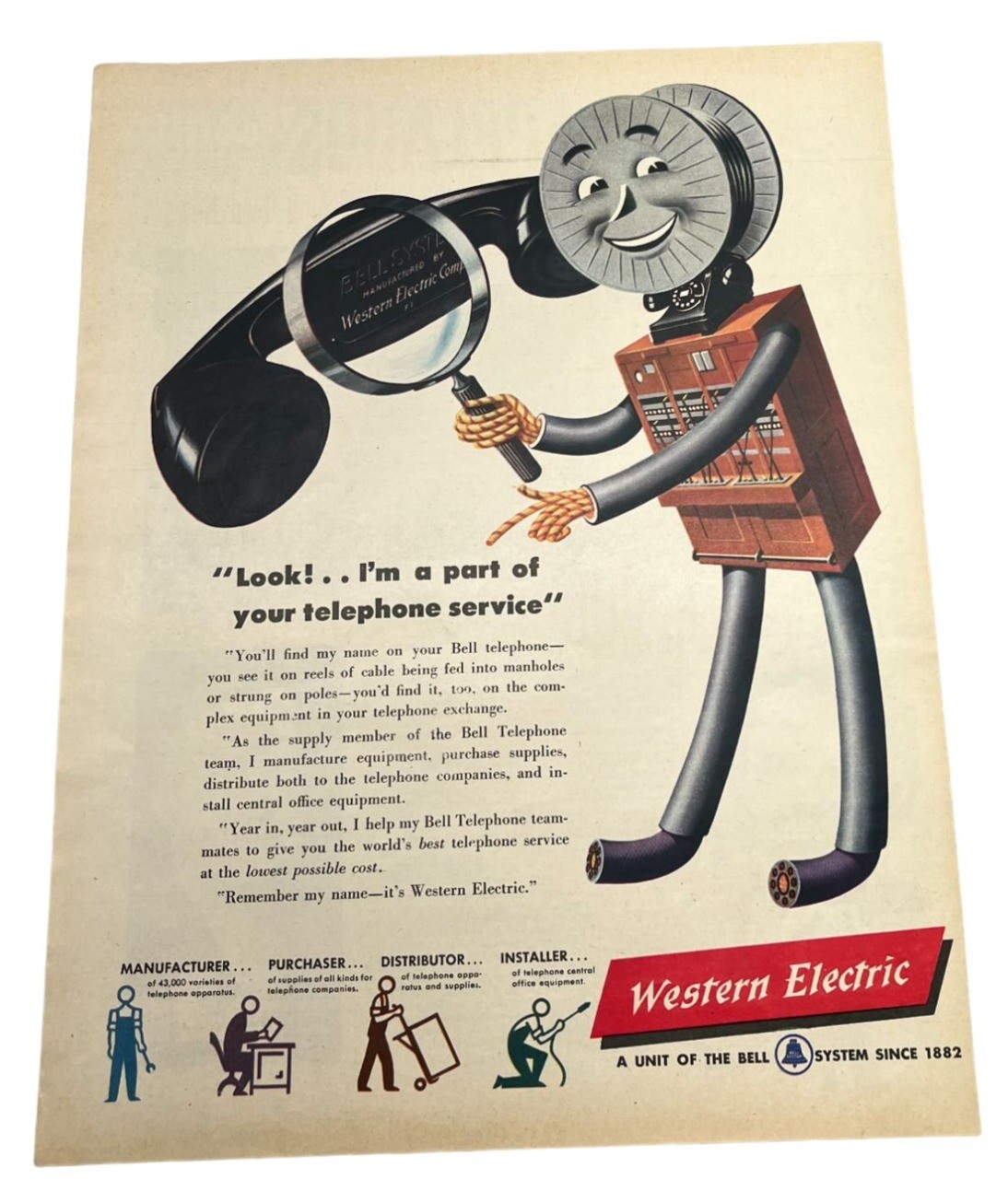 Western Electric Vintage Print Color Ad 1940s Bell System Telephone Service Orig