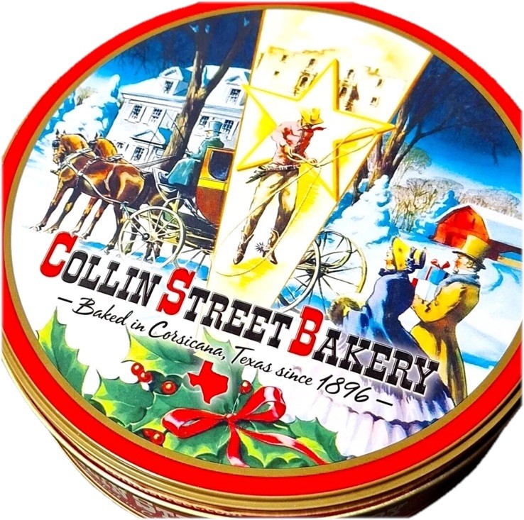VINTAGE Collin Street Bakery Empty Fruit Cake 7”TIN Winter Scene Texas