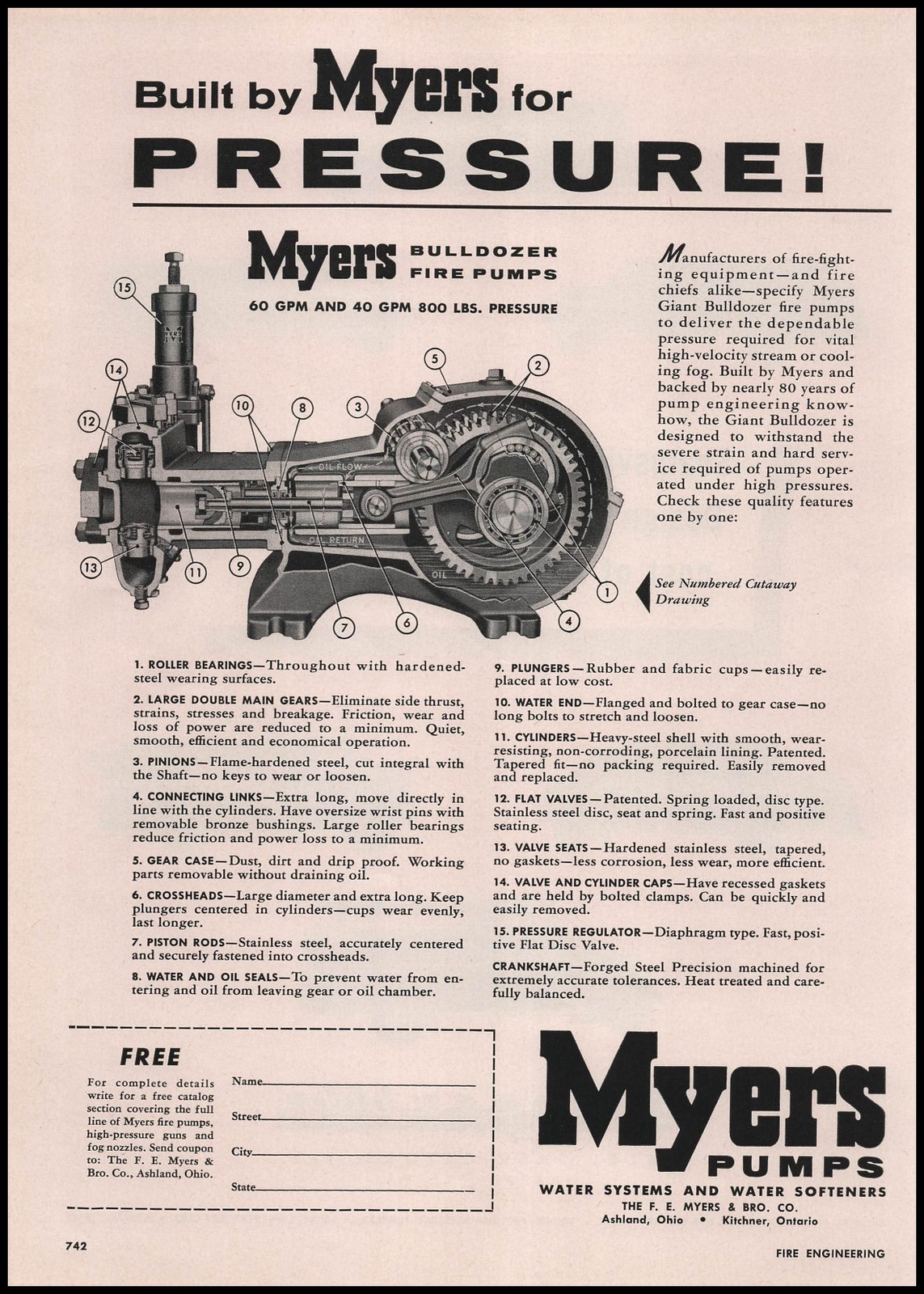 1957 F E Myers & Bros Ashland Ohio Bulldozer Fire Pumps Diagram Vintage Print Ad