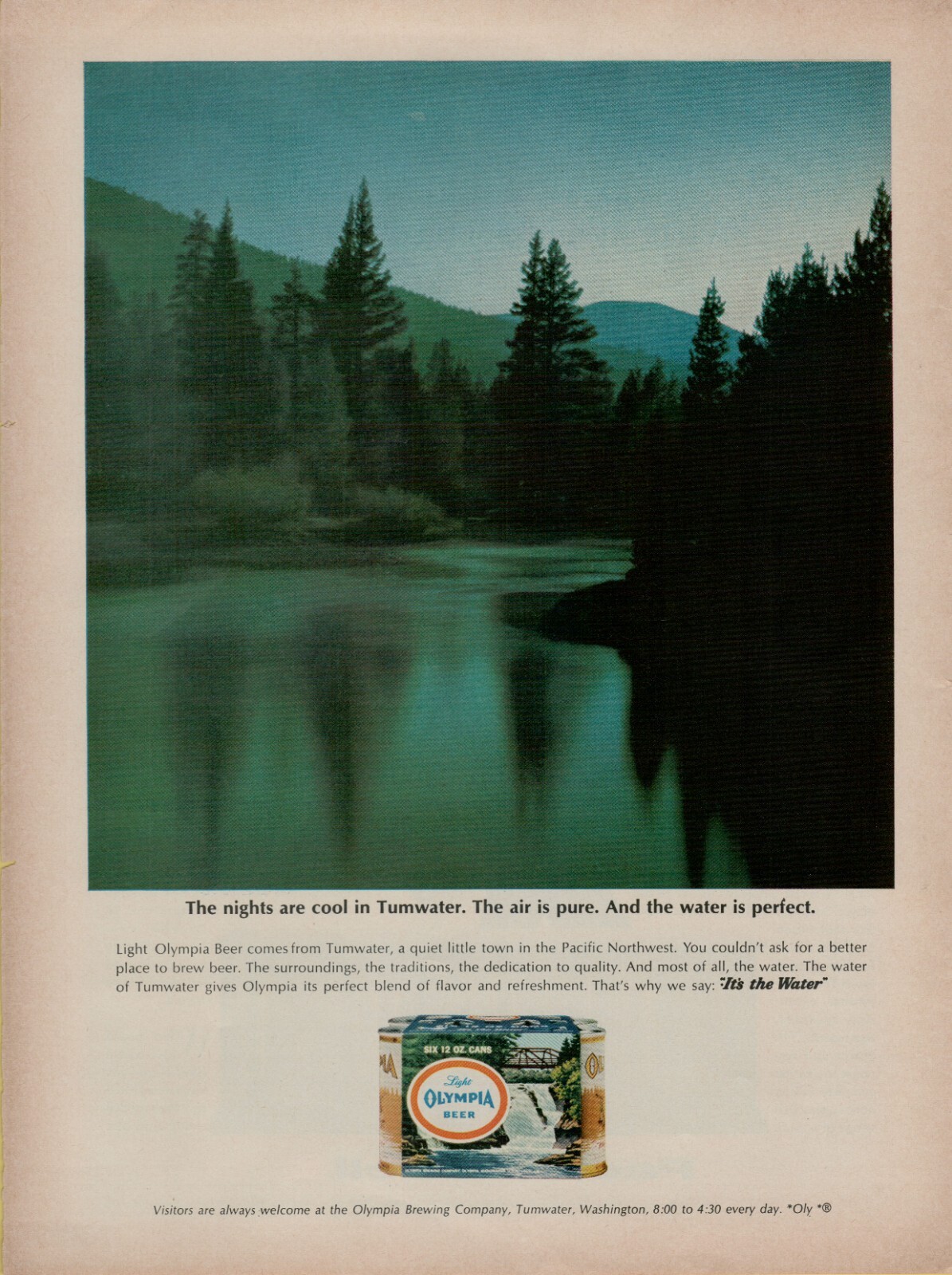 1966 Olympia Beer Night Are Cool in Tumwater Lake Evening Photo VINTAGE PRINT AD