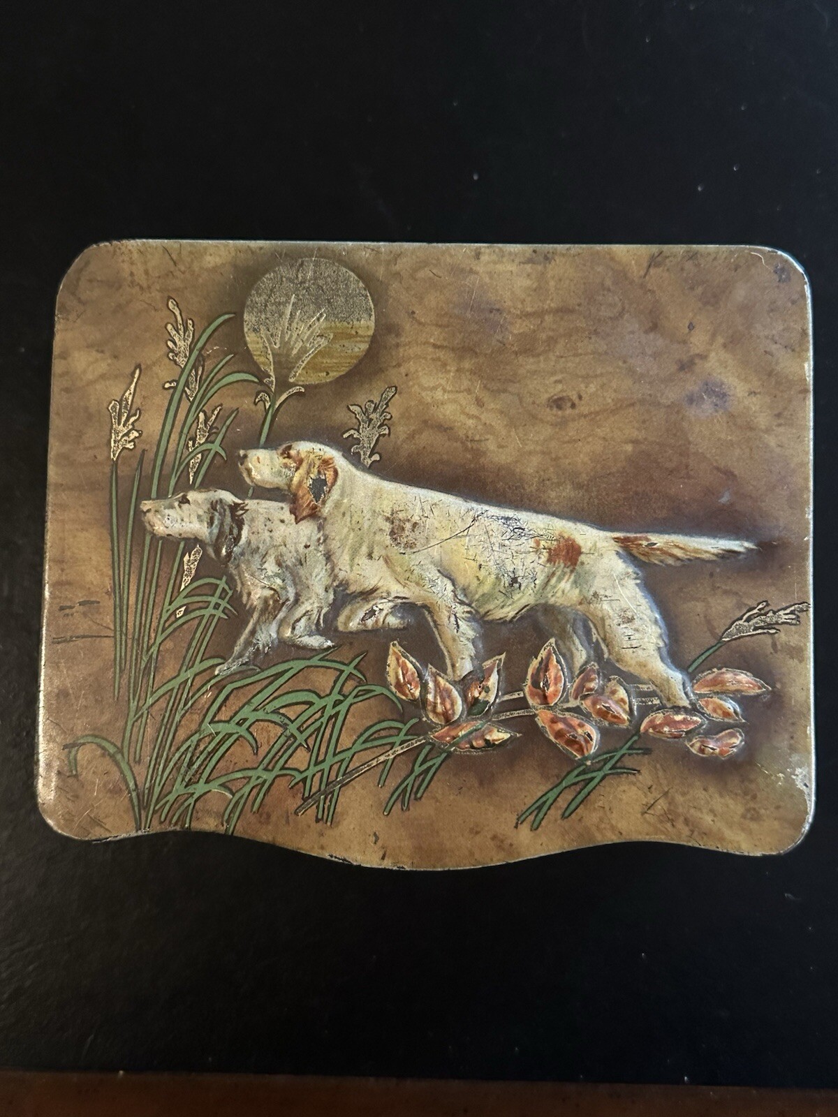 Hunting Dogs, Deer & Pheasants On Embossed Tin By Hudson Scott Made In England