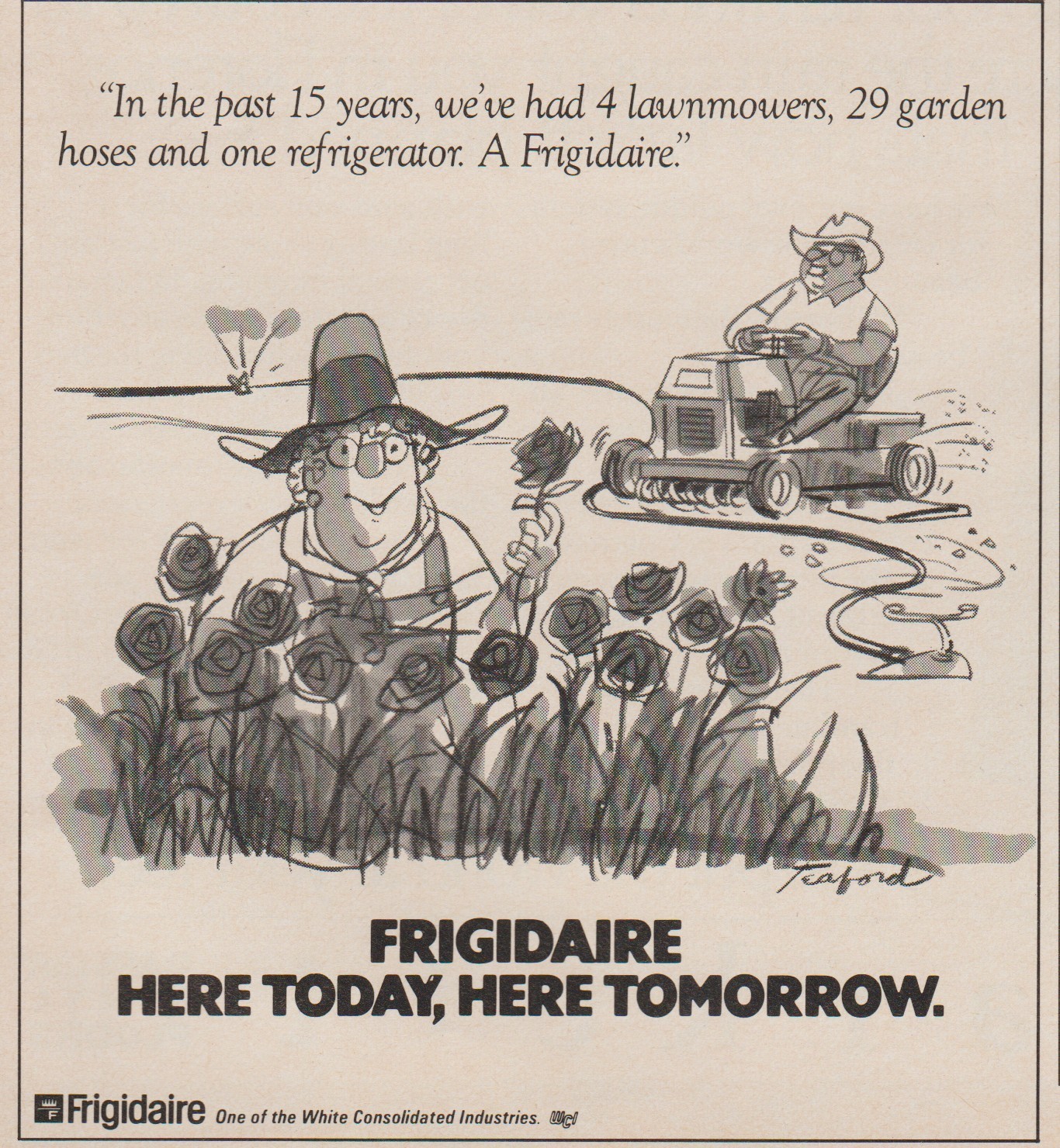 1982 Frigidaire Appliances – Garden Couple Yard – Teaford Cartoon Art Print Ad