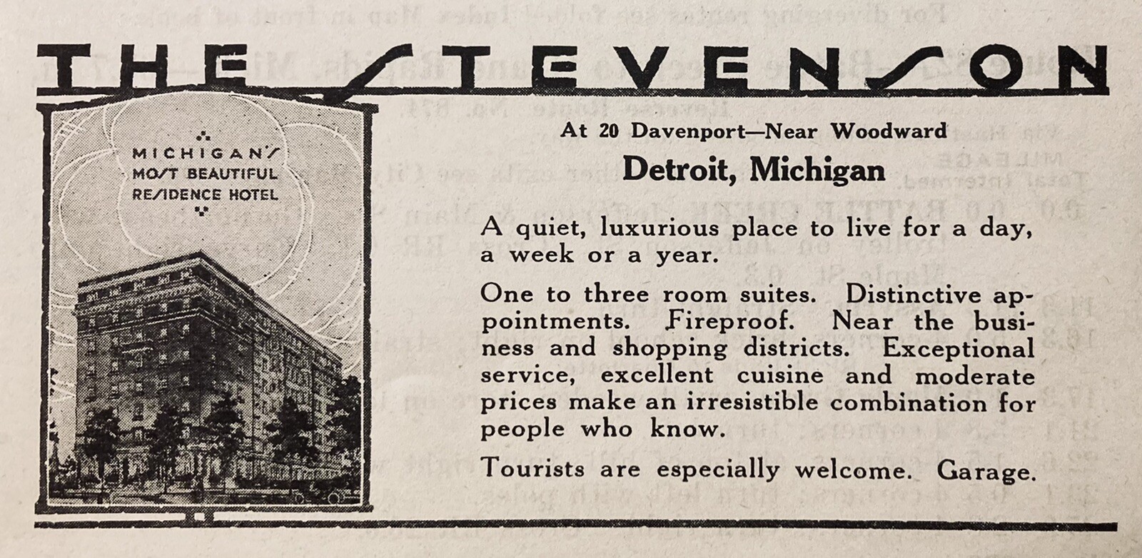 1917 AD.(N7)~THE STEVENSON RESIDENCE HOTEL AT 20 DAVENPORT, DETROIT