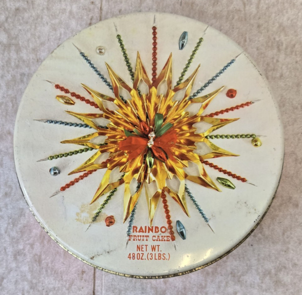 Vintage Rainbo Christmas Fruit Cake 8″ Round Metal Tin Christmas Star Red White