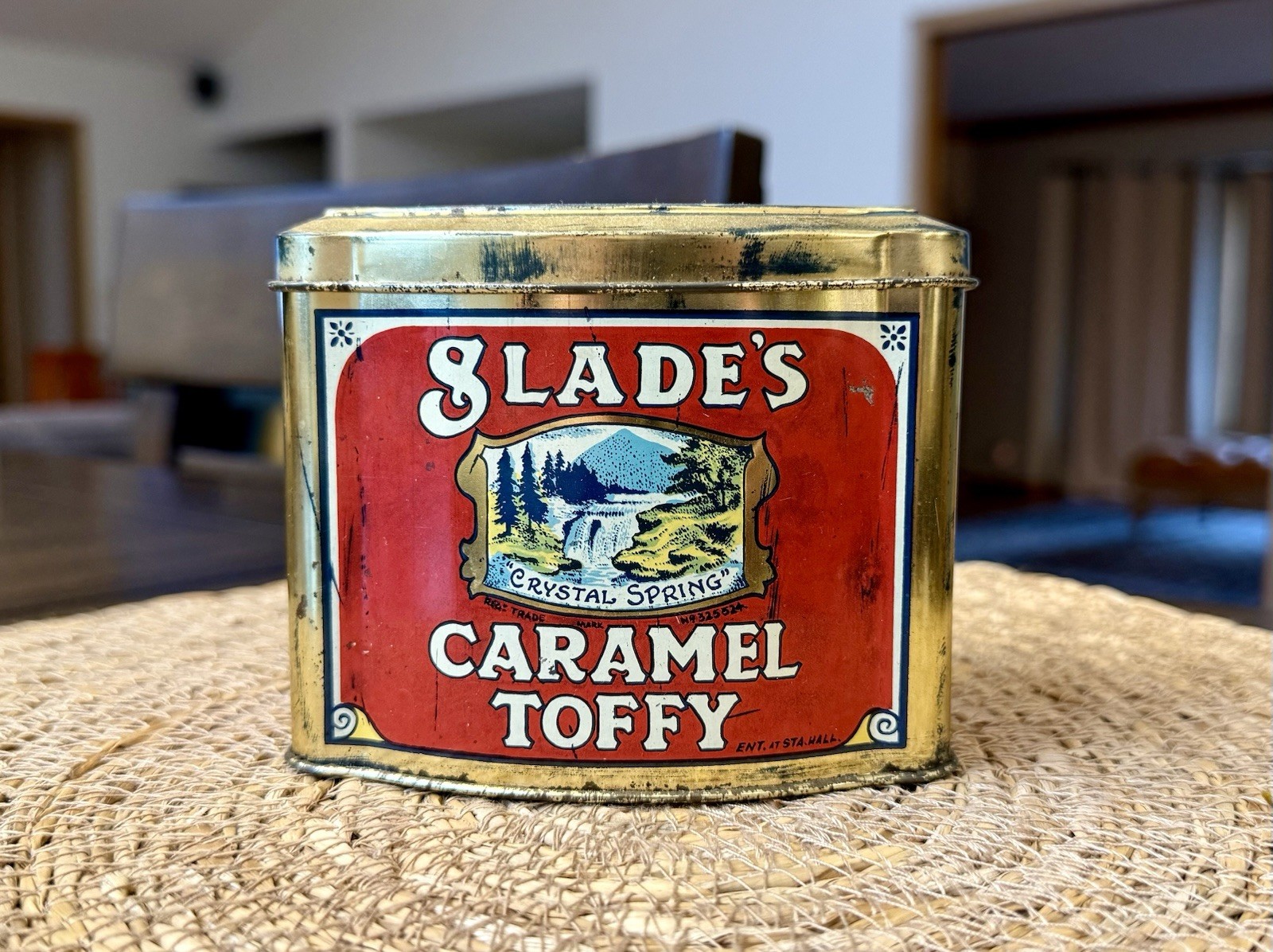 Vintage Slade’s Crystal Spring Caramel Toffy Tin Candy Advertising Container