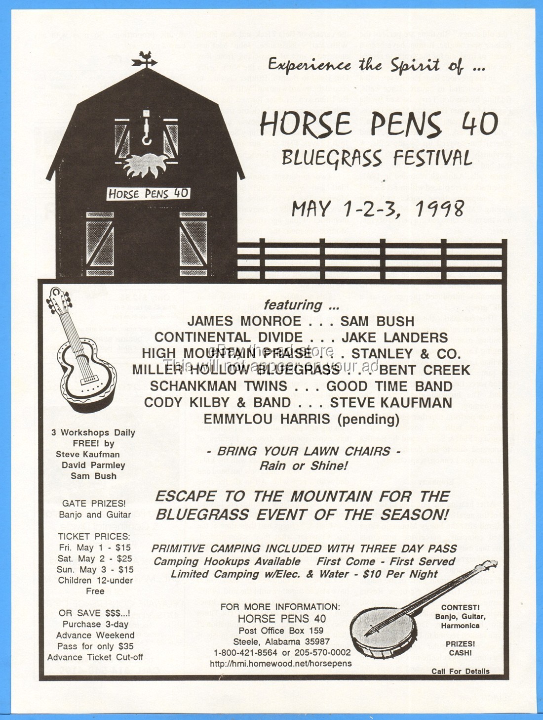 1998 Horse Pens 40 Bluegrass Festival Steele AL Promo Ad James Monroe Sam Bush