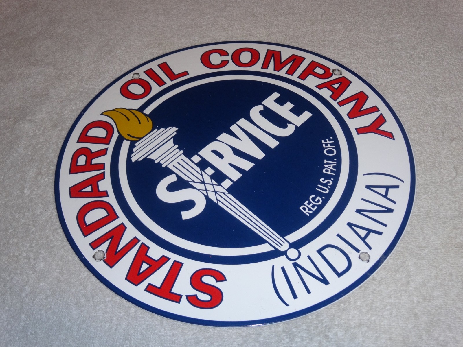 VINTAGE STANDARD OIL CO. GASOLINE SERVICE TORCH INDIANA 12″ PORCELAIN METAL SIGN