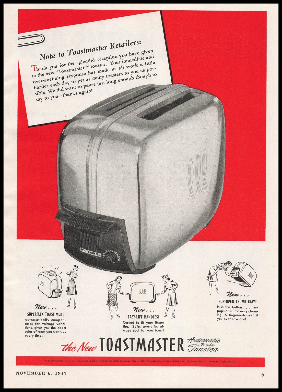 1947 Toastmaster Automatic Superflex Tostimer Pop Up Toaster Vintage Print Ad