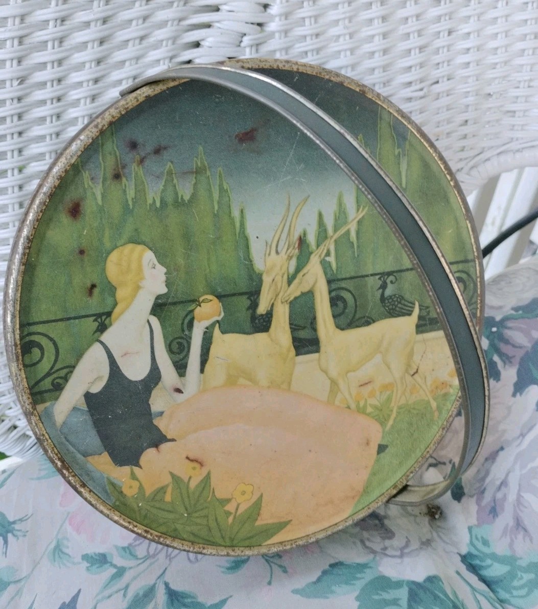 Antique Loose-Wiles Biscuit SUNSHINE BISCUITS Tin Woman Apple Green Antelope