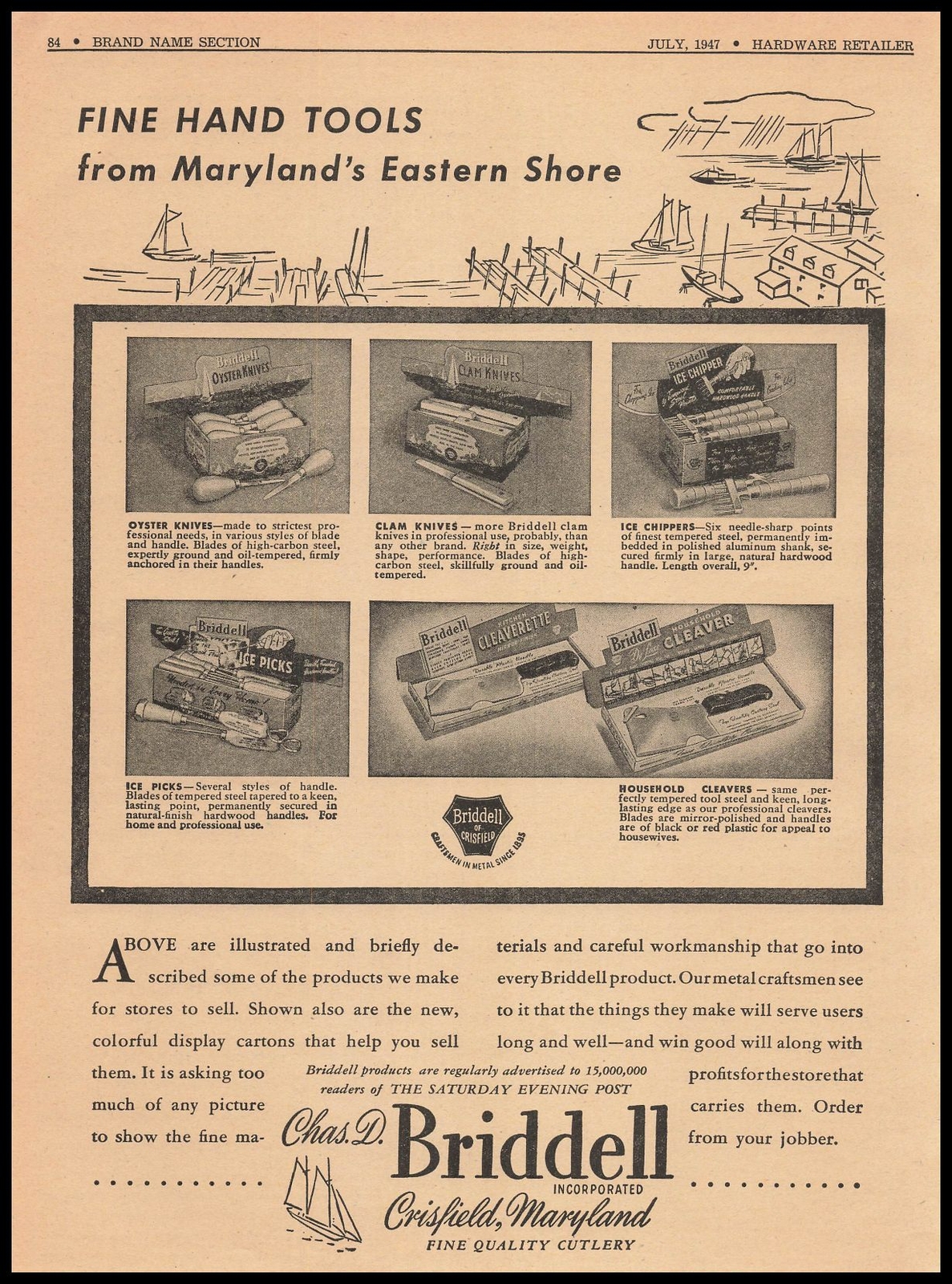 1947 Charles D. Briddell Crisfield Maryland Oyster Clam Knives Chippers Print Ad