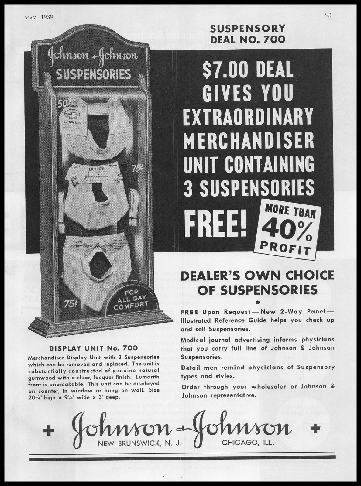 1939 Johnson & Johnson New Brunswick New Jersey Suspensories Display Print Ad