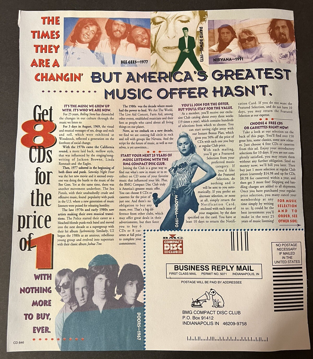 Vtg Rolling Stone BMG RCA CD Club Ad, 2 Sided with mail in postcard