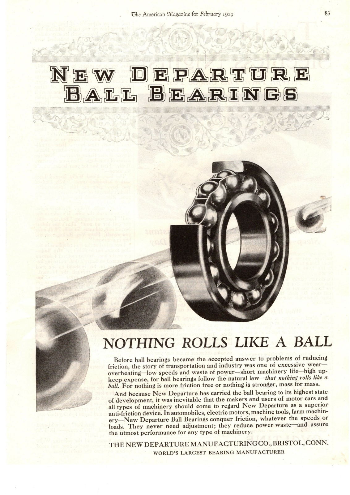 1929 The New Departure Manufacturing Bristol Connecticut Ball Bearings Print Ad