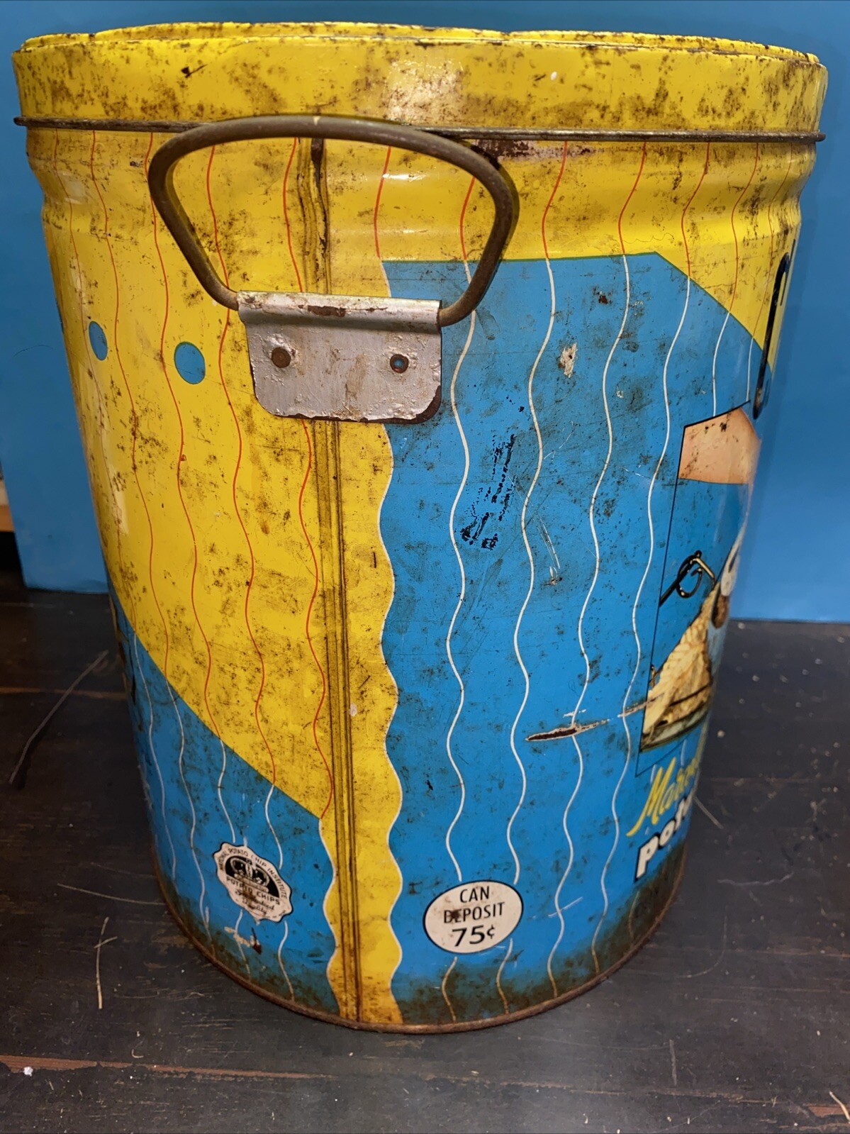 Huge Vintage Cain’s Marcelle POTATO CHIP CO. Bowling Green Ohio LARGE Tin Can