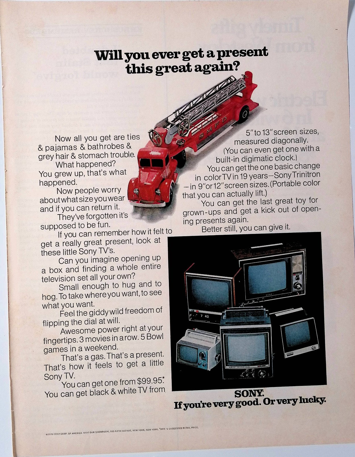 1970 Sony TV Color Television Present this Great Vintage Print Ad LIFE Dec 4