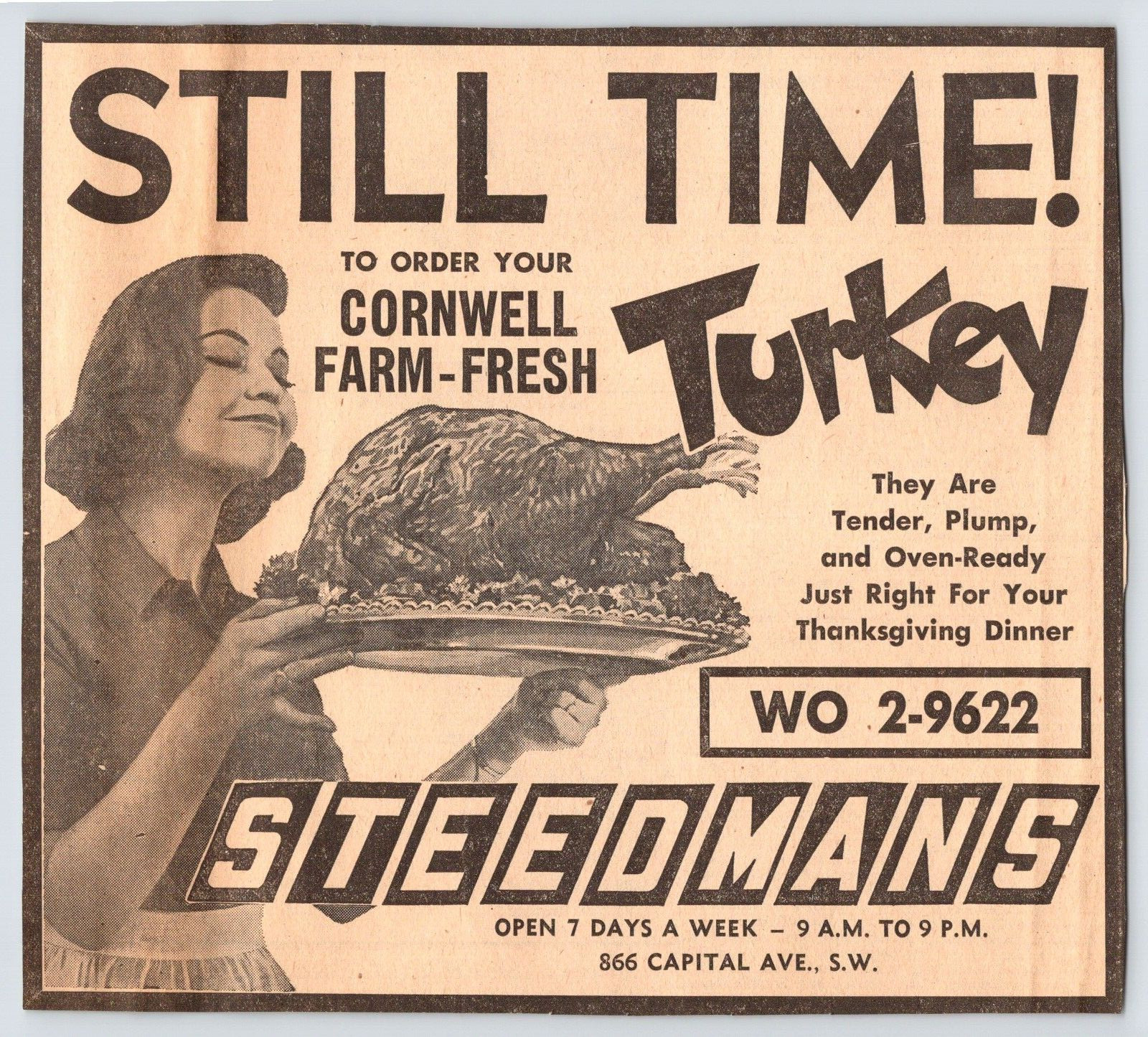 1963 THANKSGIVING TURKEY STEEDMANS BATTLE CREEK MI 8″X9″ Newspaper Ad 60’s M458