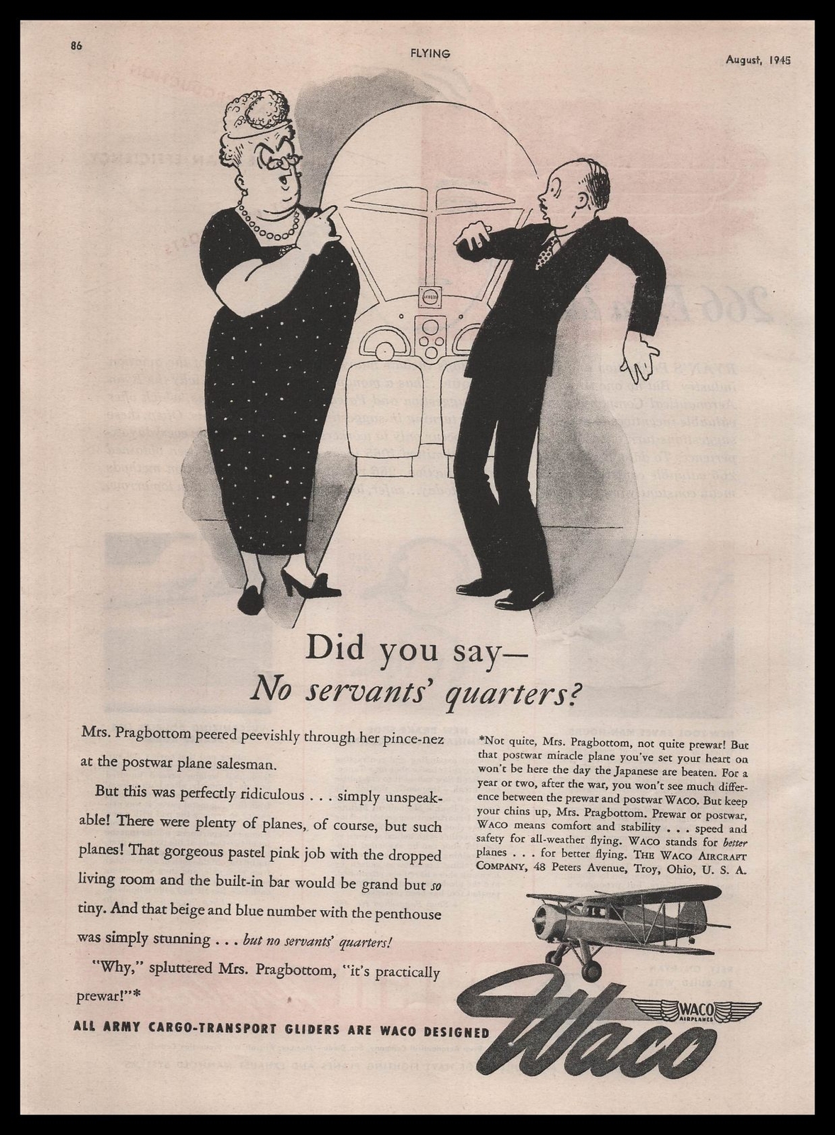 1945 Waco Aircraft Troy Ohio WWII Army Cargo Transport Gliders Cartoon Print Ad