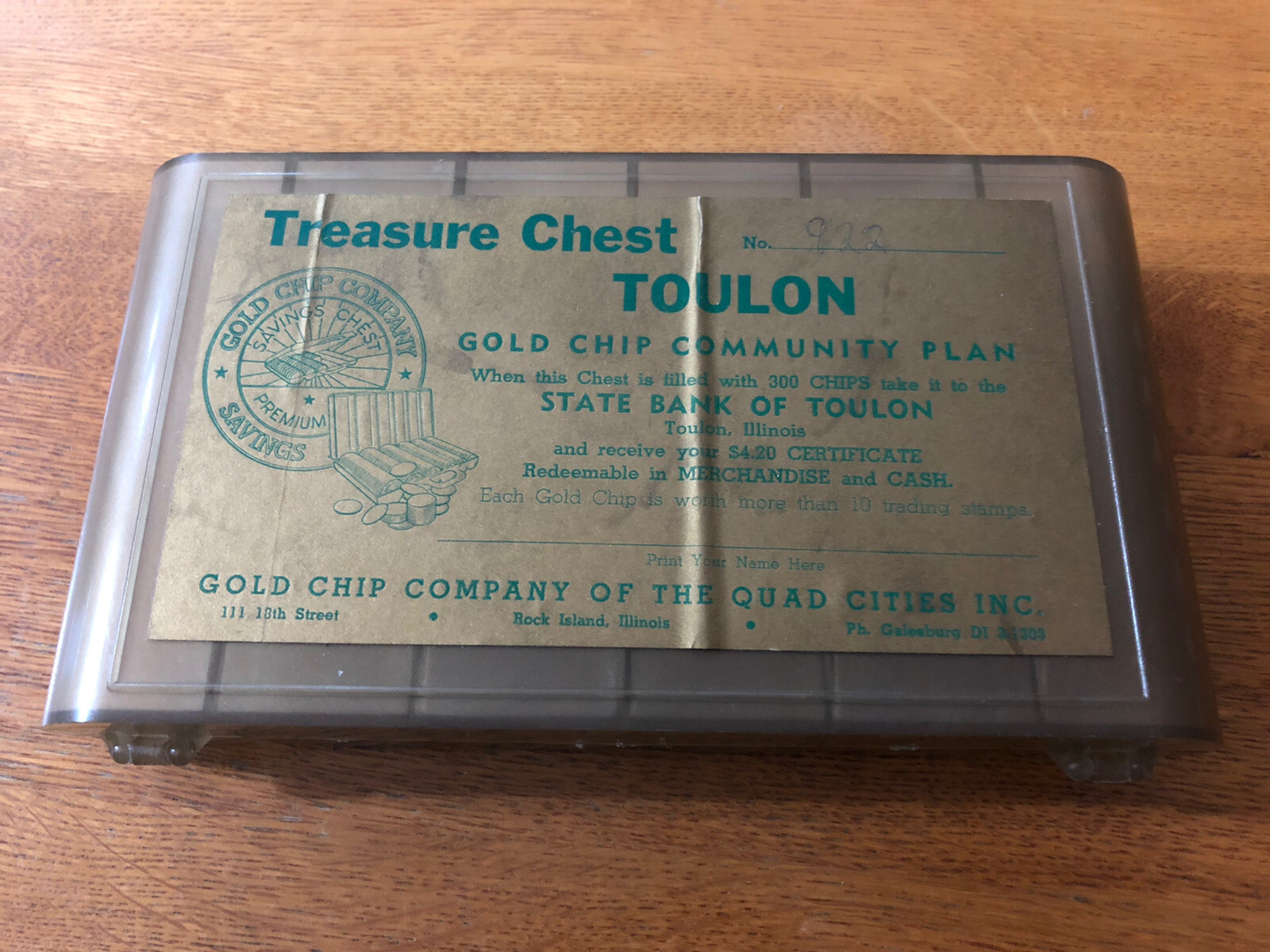 Vintage Gold Chip Co Treasure Chest State Bank Of Toulon Gold Chip/Green Stamp