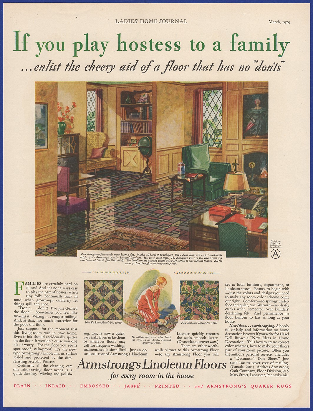 Vintage 1929 ARMSTRONG’S Linoleum Floors Flooring Home Décor 1920’s Print Ad
