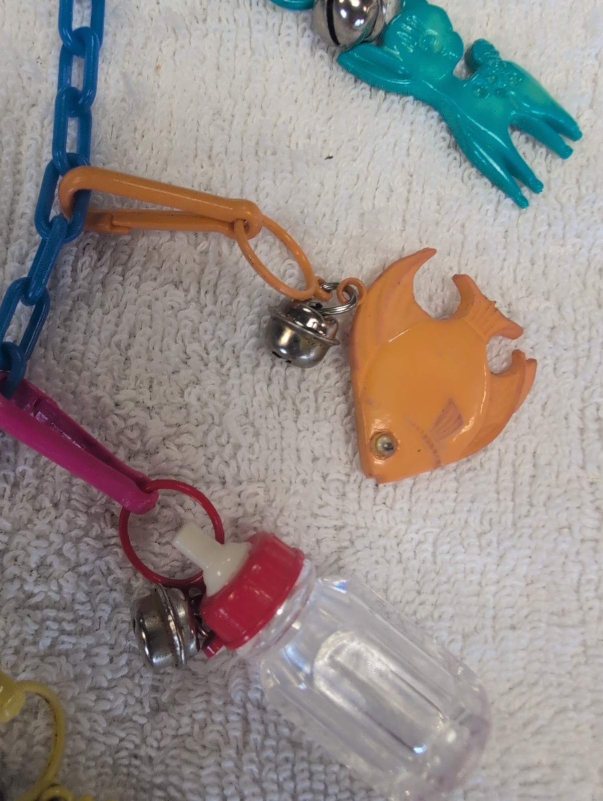 Retro 1980s Plastic Bell Clip On Vintage 80’s Charm Necklace with 16 Charms Cool