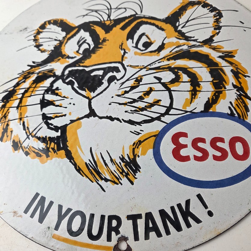 Vintage Esso Gasoline Sign – Tiger Auto Tank Gas Station Porcelain Sign