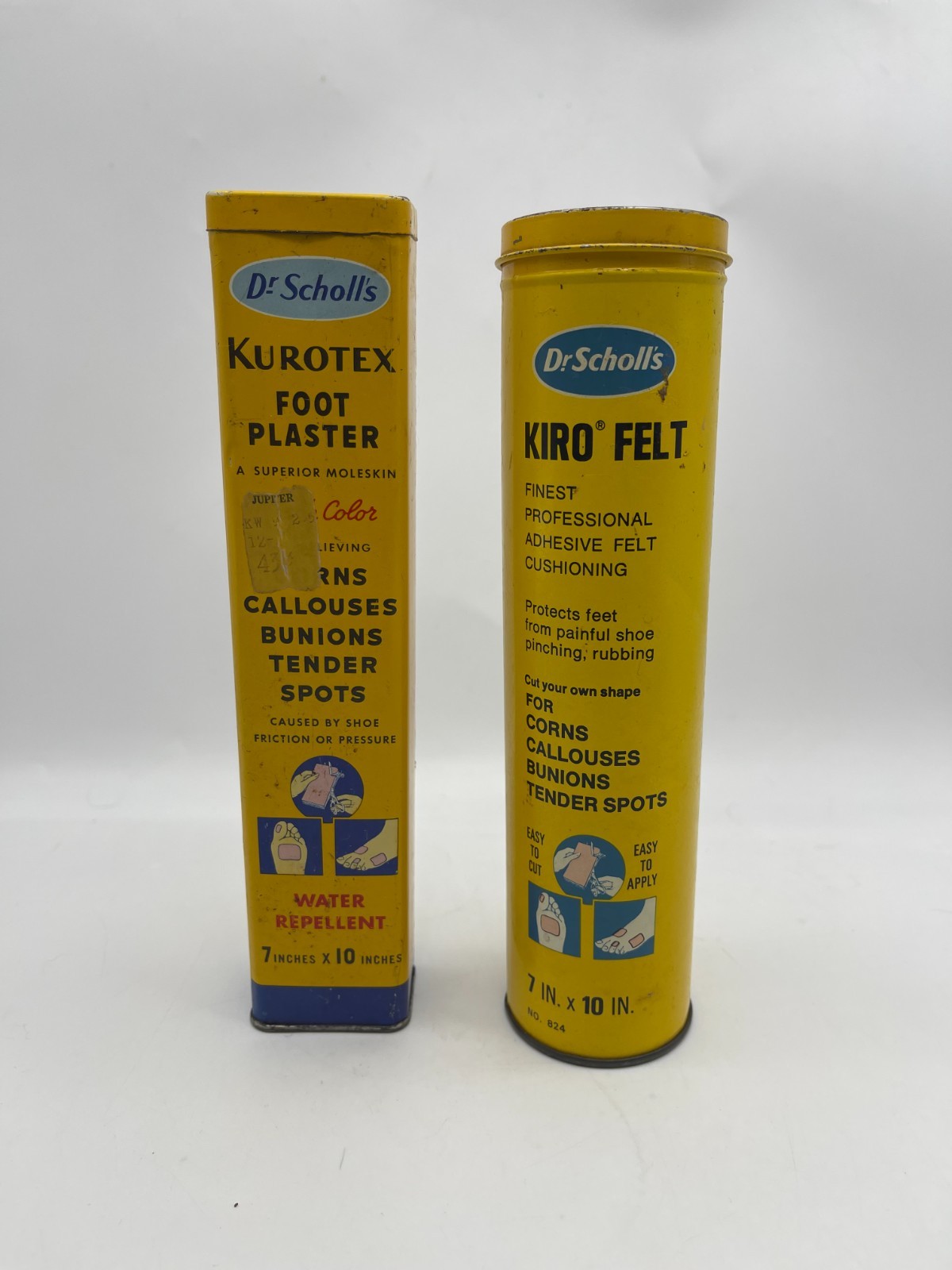 TWO Vintage Dr Scholls Empty 8″ Advertising Tins Kiro Felt & Kurotex with Lids