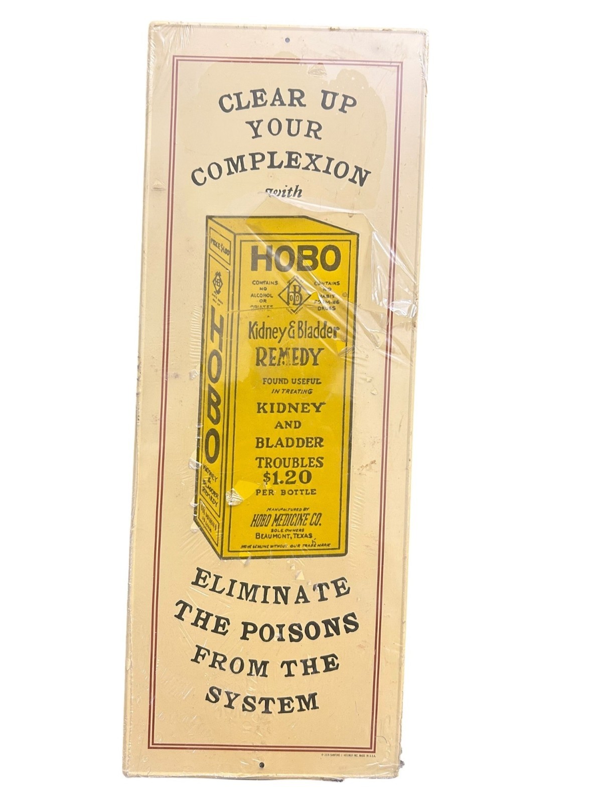 Vintage 1974 HOBO Kidney & Bladder Remedy Tin Sign Sanford Heilner Beaumont TX