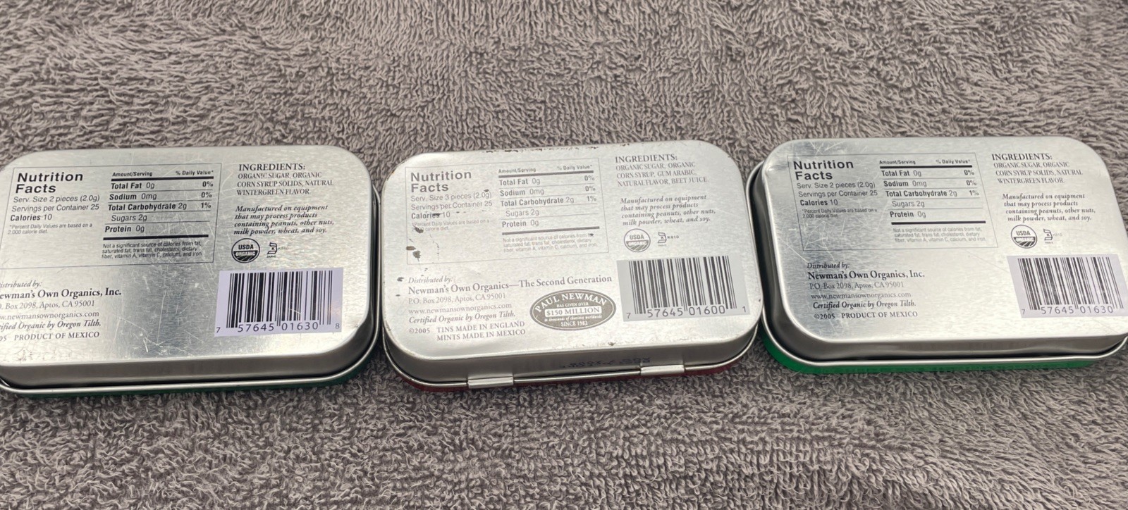 2 Newman’s Own Organics Wintergreen 1 Cinnamon & 8 Altoids Mint Tins Empty