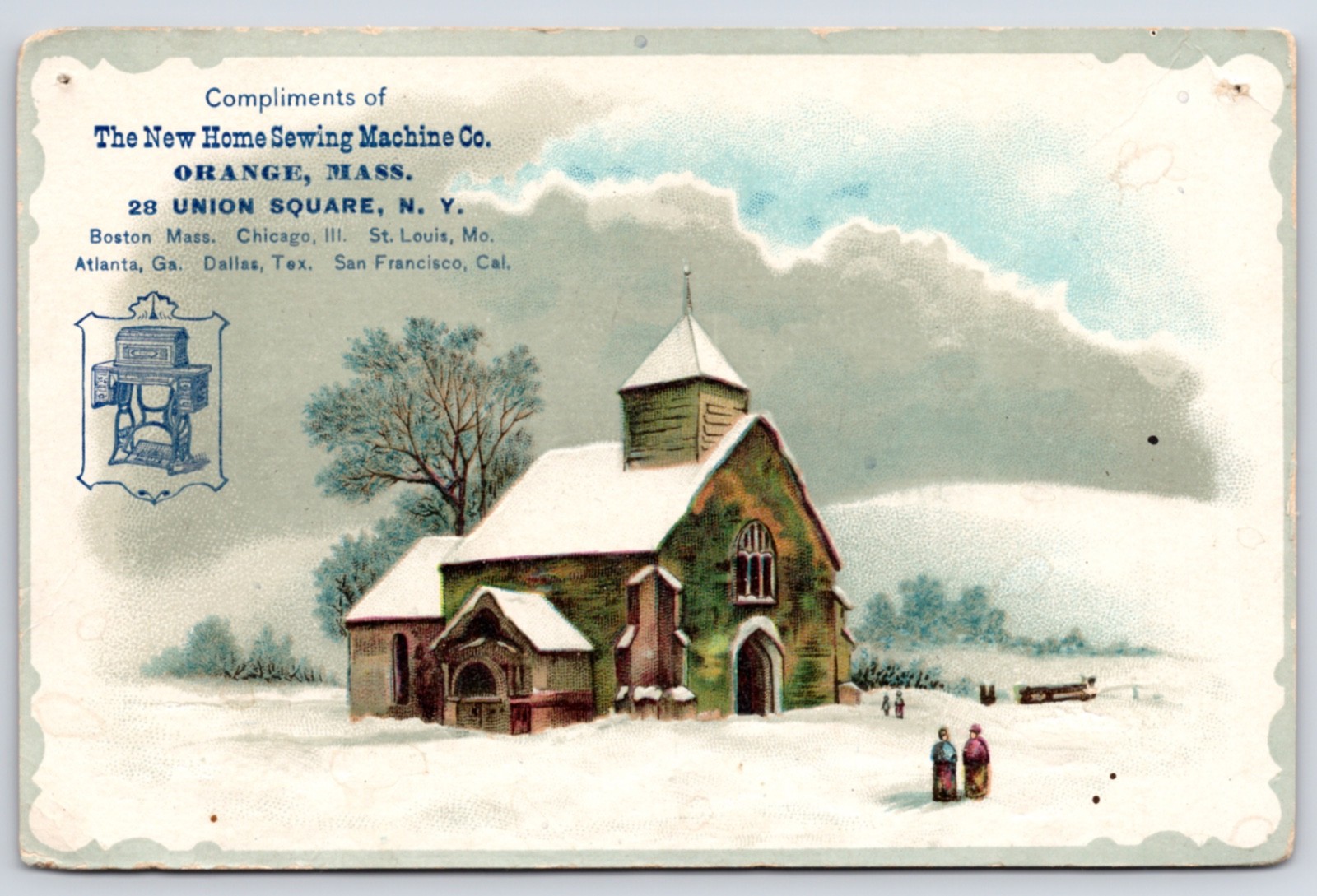 Antique New Home Sewing Machine Co Trade Card Orange MA Winter Church New York