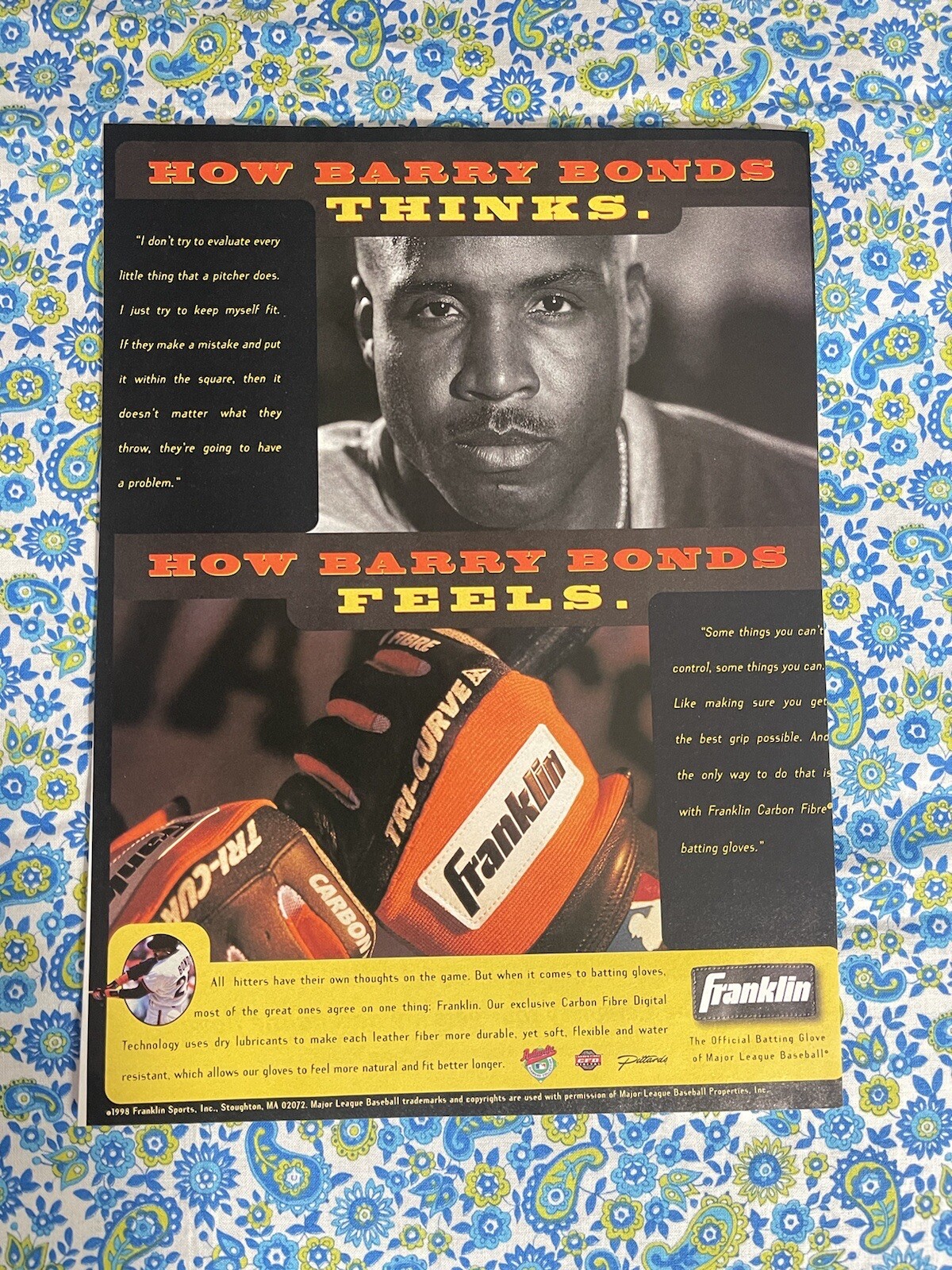 Vintage 1998 Franklin Batting Gloves Barry Bonds Print Ad