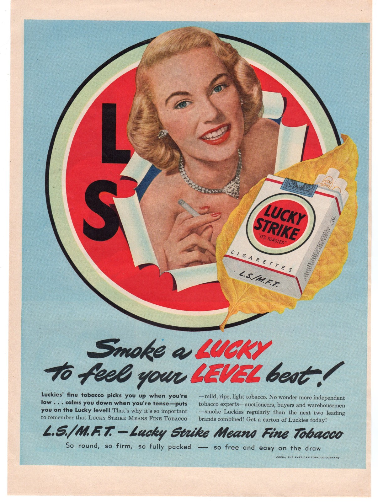 1949 Lucky Strike Cigarettes Advertising Mid Century Glamour Blond Woman Smoking