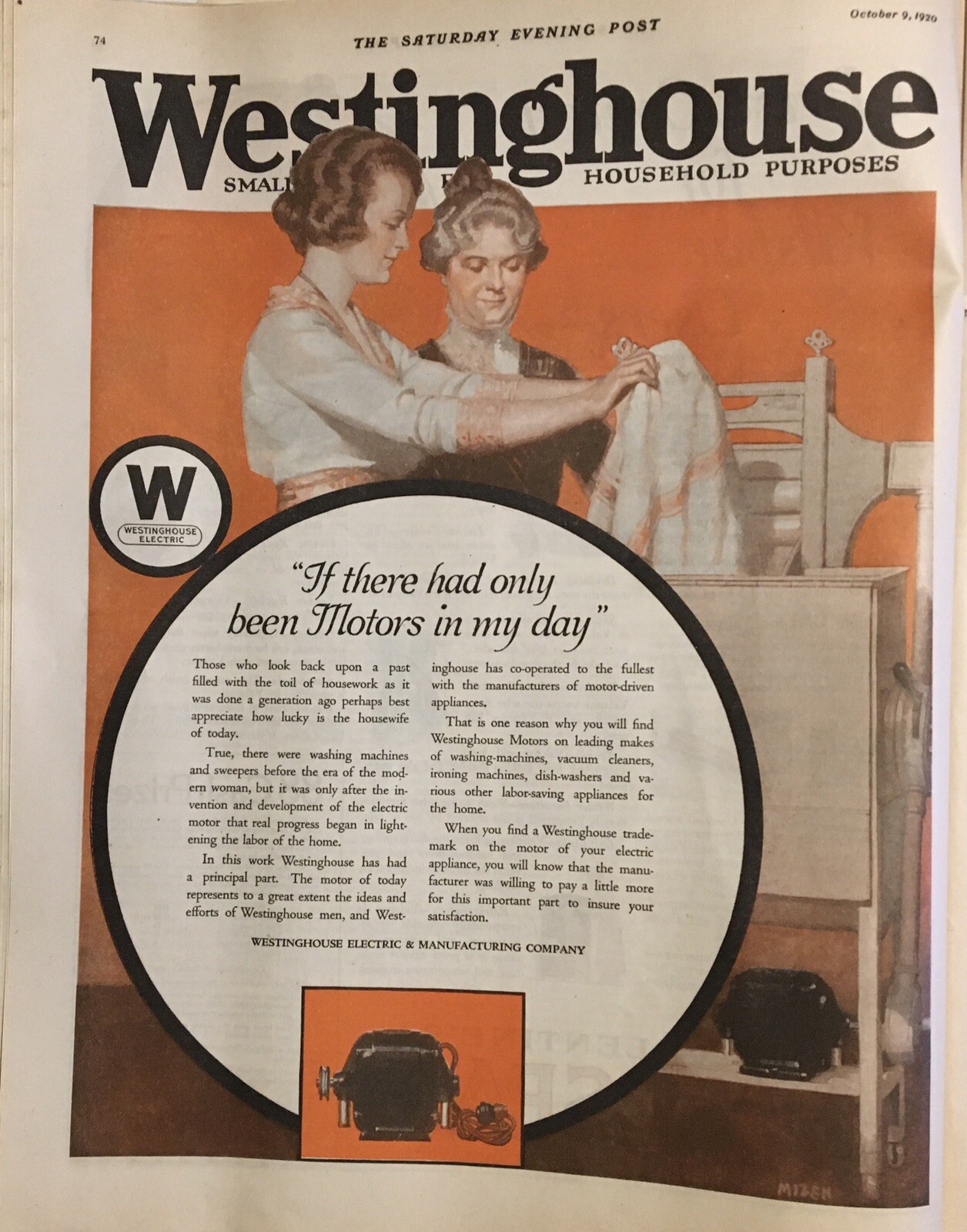 Vtg. 1920 Westinghouse If There Only Been Motors In My Day Print Ad 10 X 14” SE1