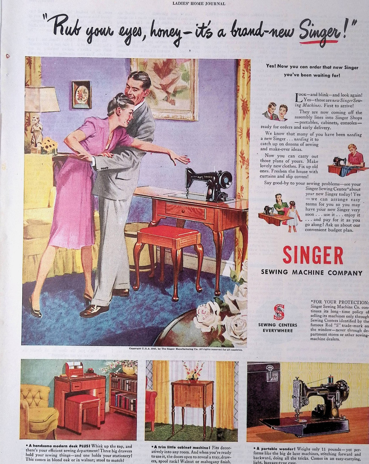 1946 Singer Sewing Machine Married Couple Print Ad Ladies Home Journal Feb