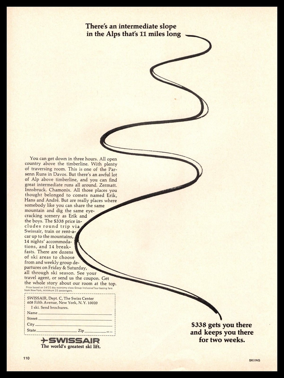 1967 Swissair Airlines $338 Swiss Alps Two Week Ski Vacation Vintage Print Ad