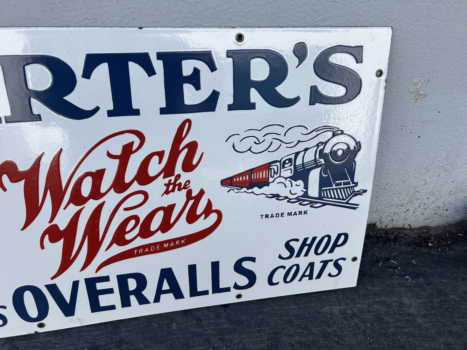 Beautiful Carter’s watch the wear overalls porcelain sign. Super clean condition