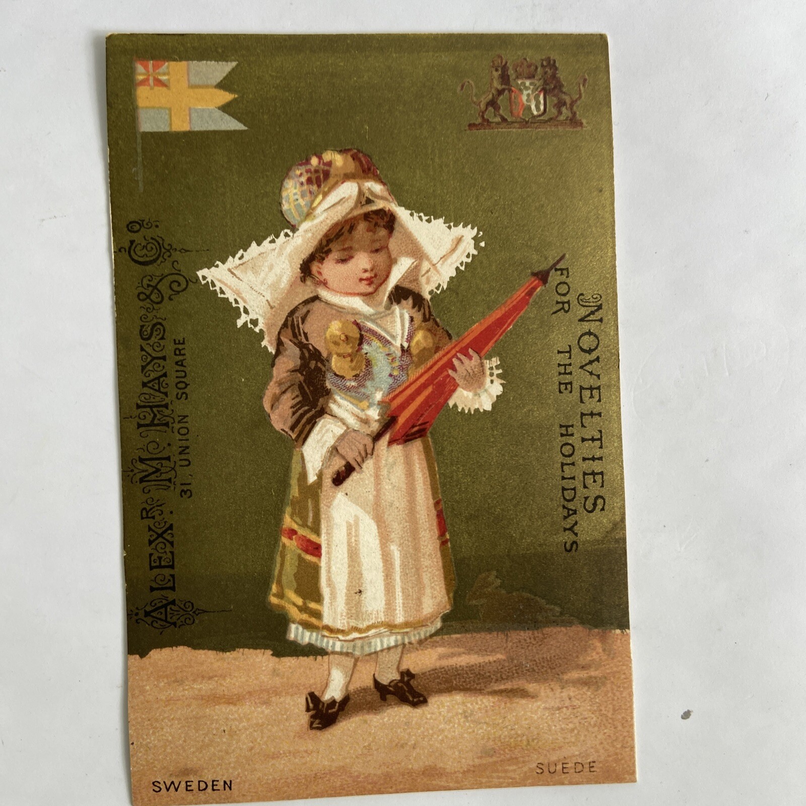1880s VICTORIAN JEWELERS TRADE CARD NYC CHILD SWEDEN FLAG COAT OF ARMS A80-5