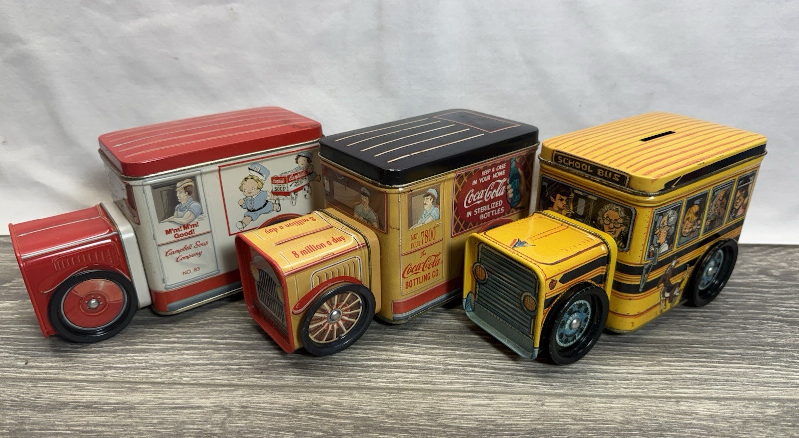 Vintage Coca Cola, Campbell’s Soup, & High School Bus / Truck Tins Bank: Lot 3